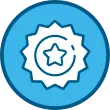 Icon of a badge on top of light blue background.