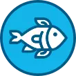 Icon of a fish on top of light blue background.