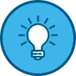 Icon of a light bulb on top of light blue background.
