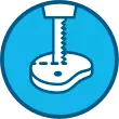Icon of meat being cut on top of light blue background.